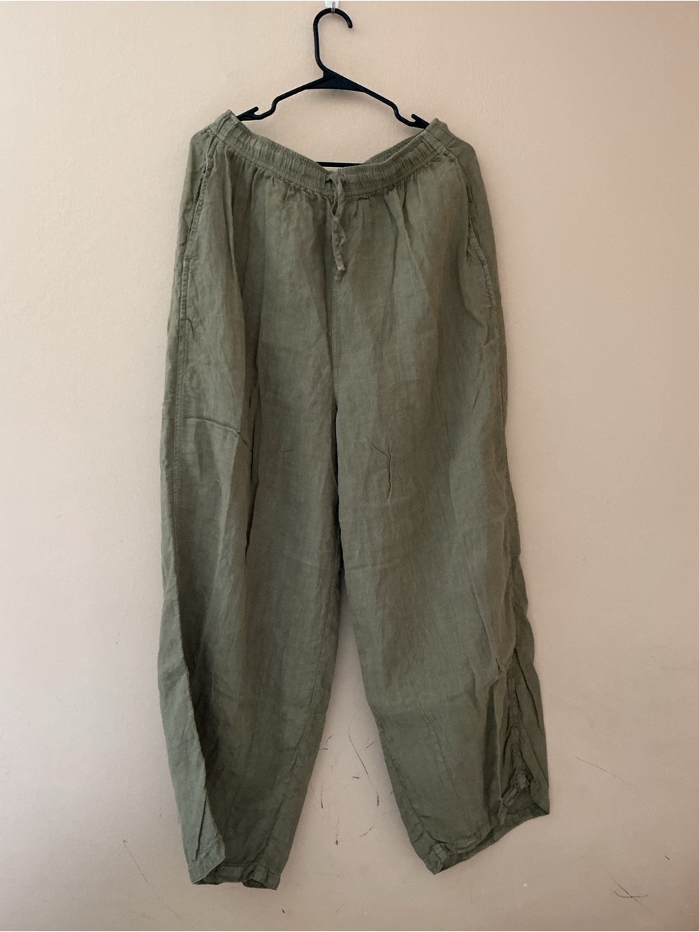 Topshop Olive Green Drawstring 100% Linen Barrel Pants